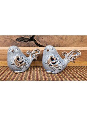 Pair Of Vintage Crackle Glaze Ceramic Bird Figurines With Scroll Detailing
